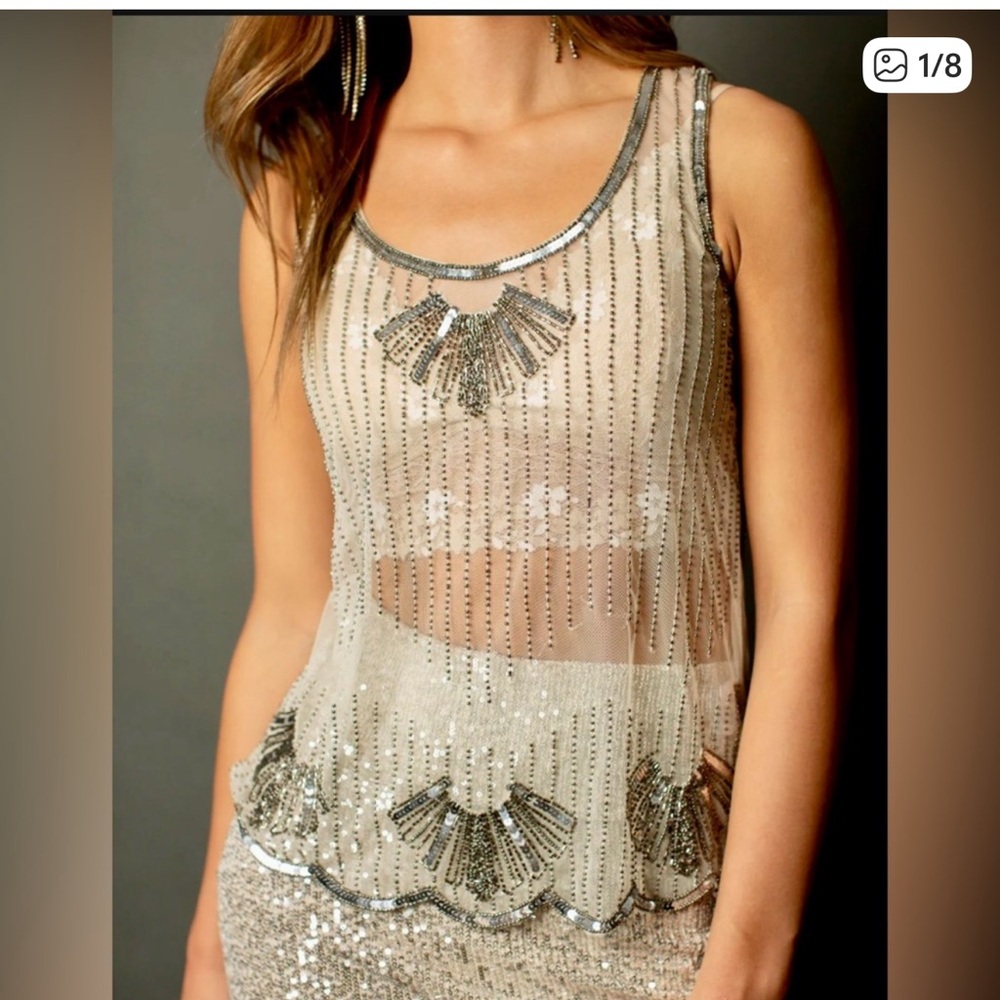 Joyfolie Embellished Sheer Tank Top in Champagne Metallic